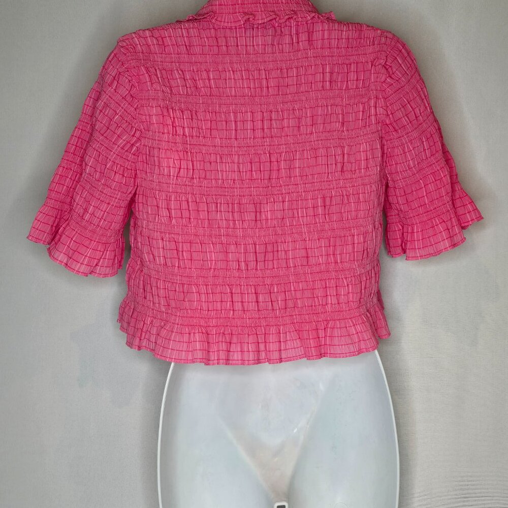 Sandro Janelle Stripe Smocked Cropped Blouse in Rose Bonbon, FR 2/ M, NWT - Picture 3 of 9